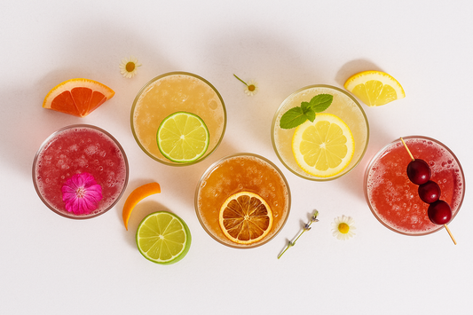 overhead photo of colorful mocktails symbolizing healthy alcohol-free lifestyle