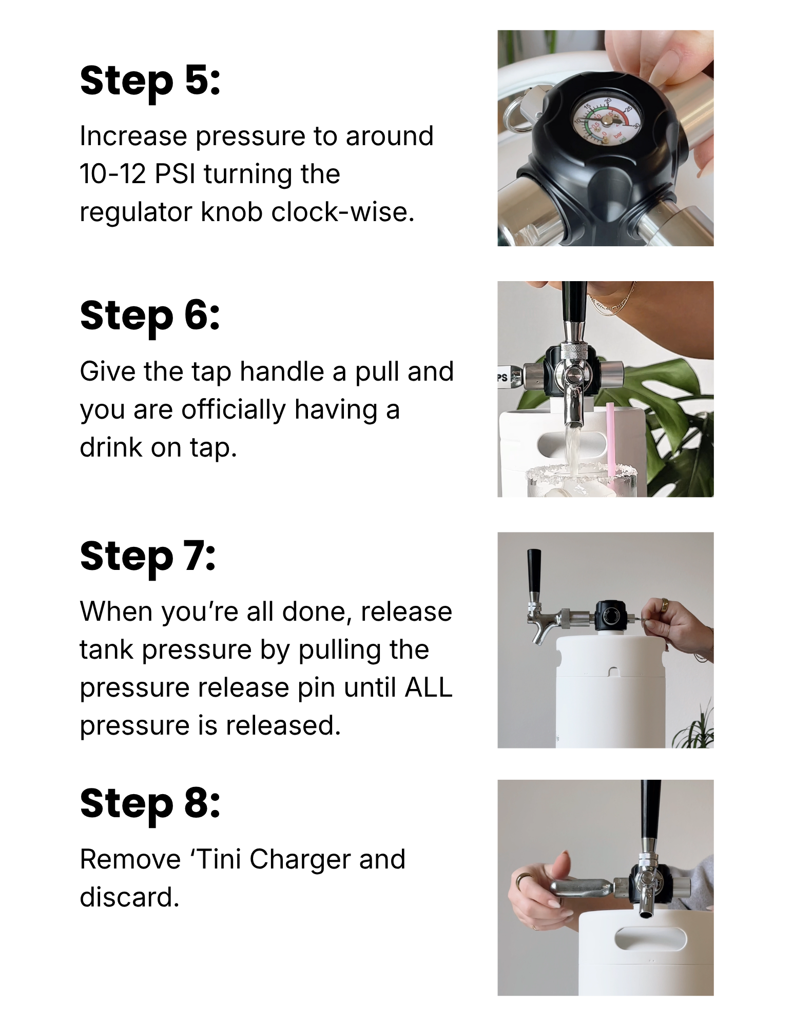 Instructions for using a Tini Tank with images of hands performing each step.