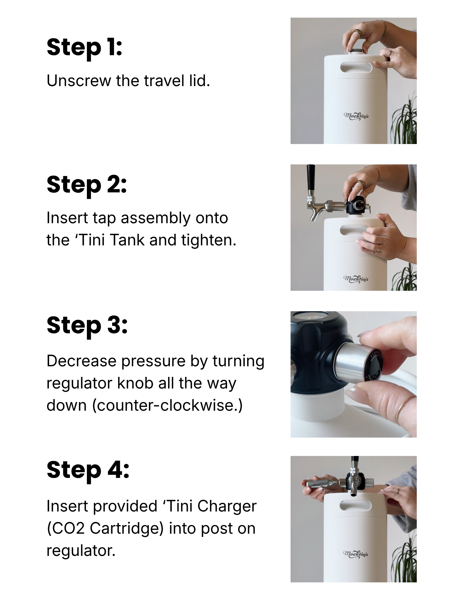 Instructions for using a Tini Tank with images of hands performing each step.